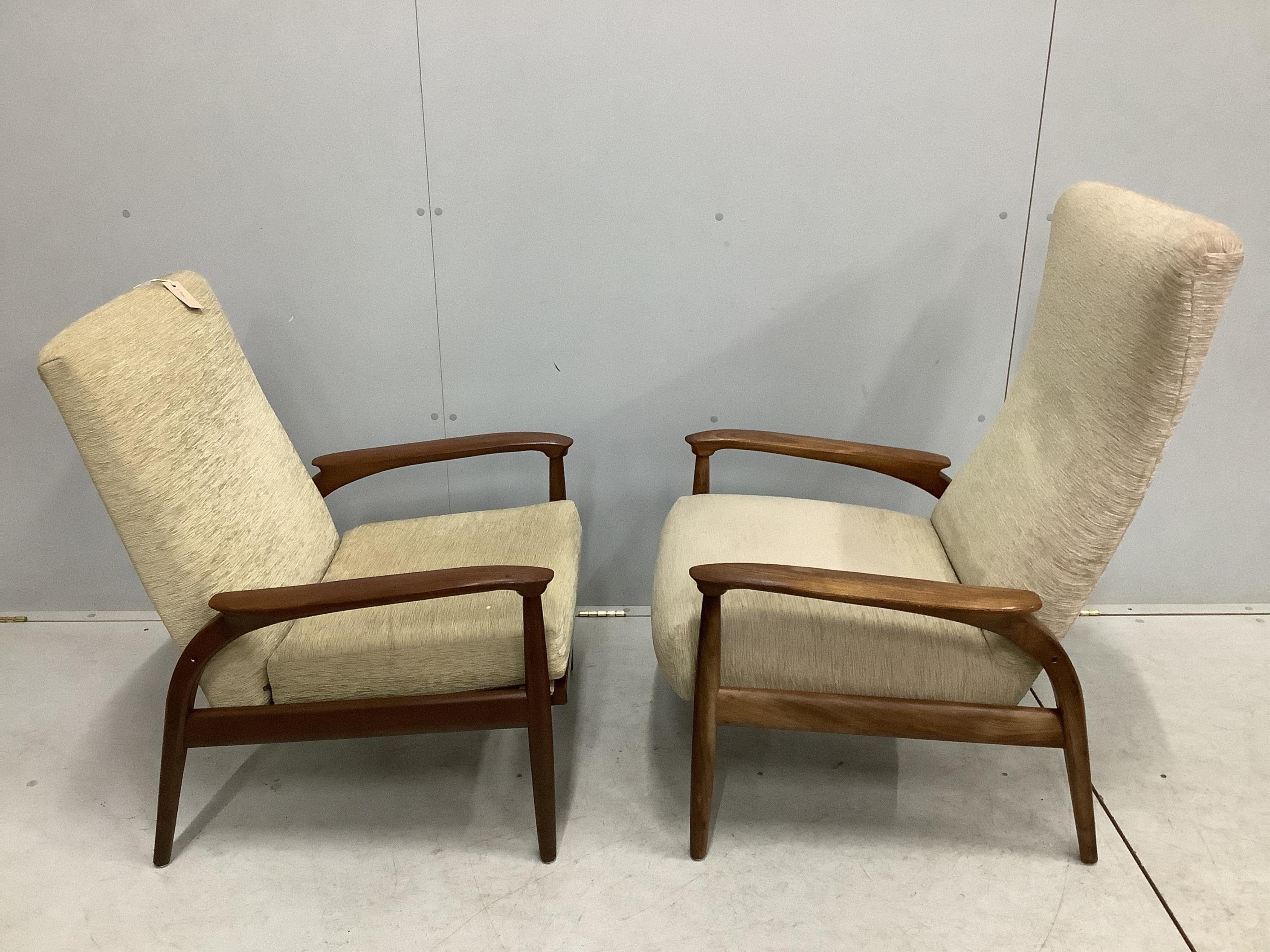 Two mid century armchairs, larger width 66cm, depth 62cm, height 99cm. Condition - fair to good